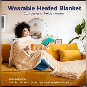 Electric/Heated Blanket W/Sleeves & Foot Pockets-70x50-Beige-10 Settings & Timer